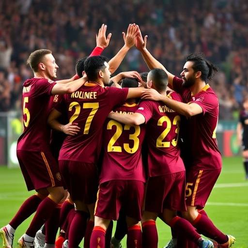 Giocatori della Roma festeggiano la vittoria nel derby contro la Lazio