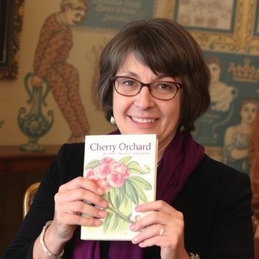 Lucia Moretti tiene in mano il premio Strega per il suo romanzo Il Giardino dei Ciliegi