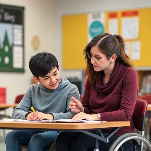 Un'insegnante che aiuta uno studente con disabilit&agrave; in classe