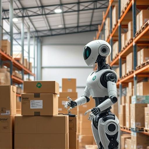 Un robot autonomo che si muove all'interno di un magazzino, trasportando scatole e collaborando con gli operatori umani
